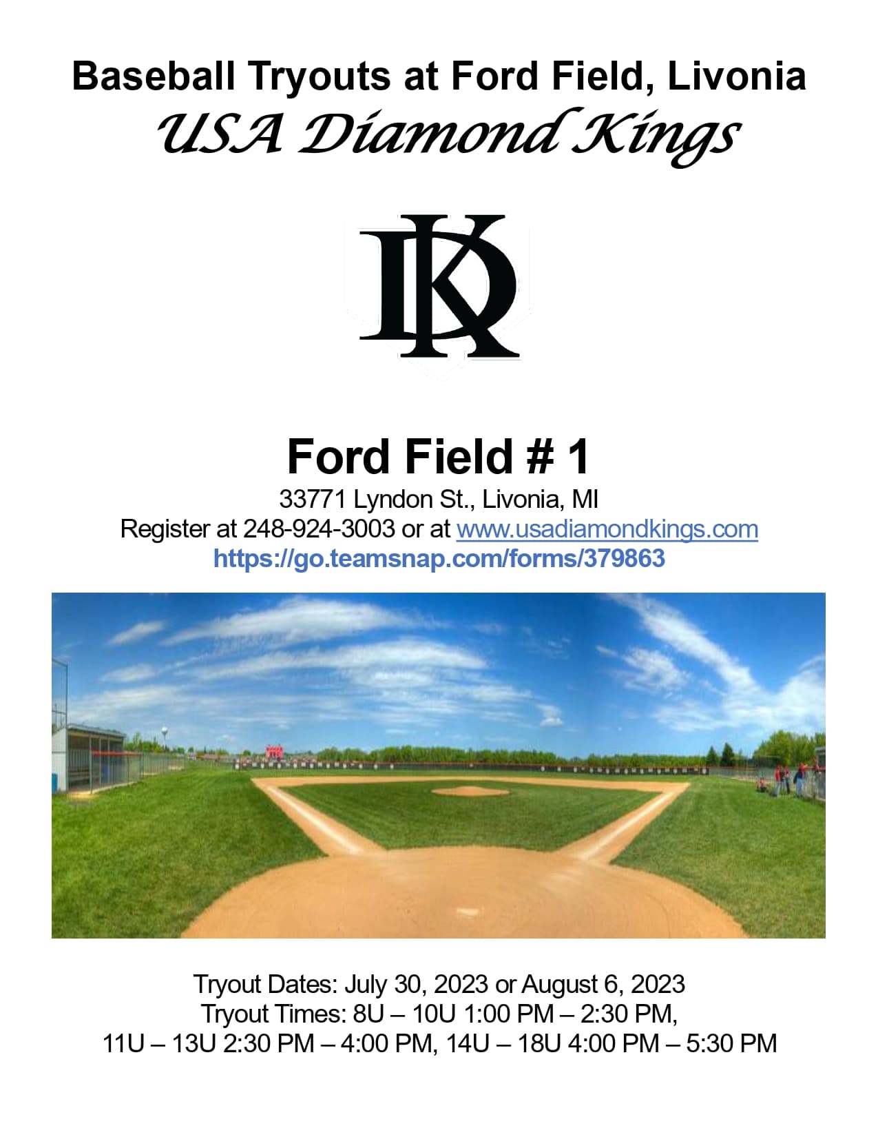 USA Diamond Kings - Ford Field # 1 Tryouts Flyer